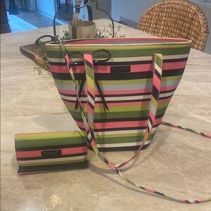 Kate Spade Pink and Green Striped Tote Bag with Wallet - crossbody strap